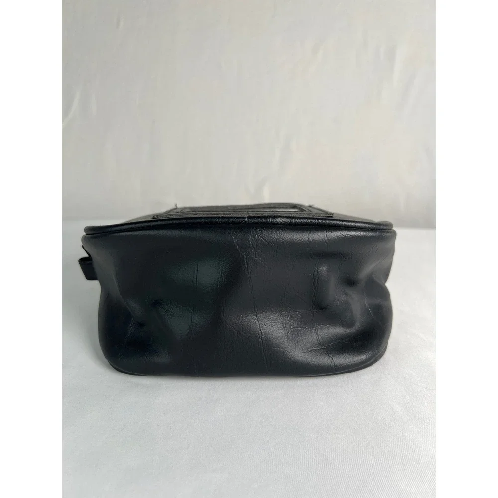 Vintage black faux leather zippered travel pouch or cosmetic bag, ID card slot